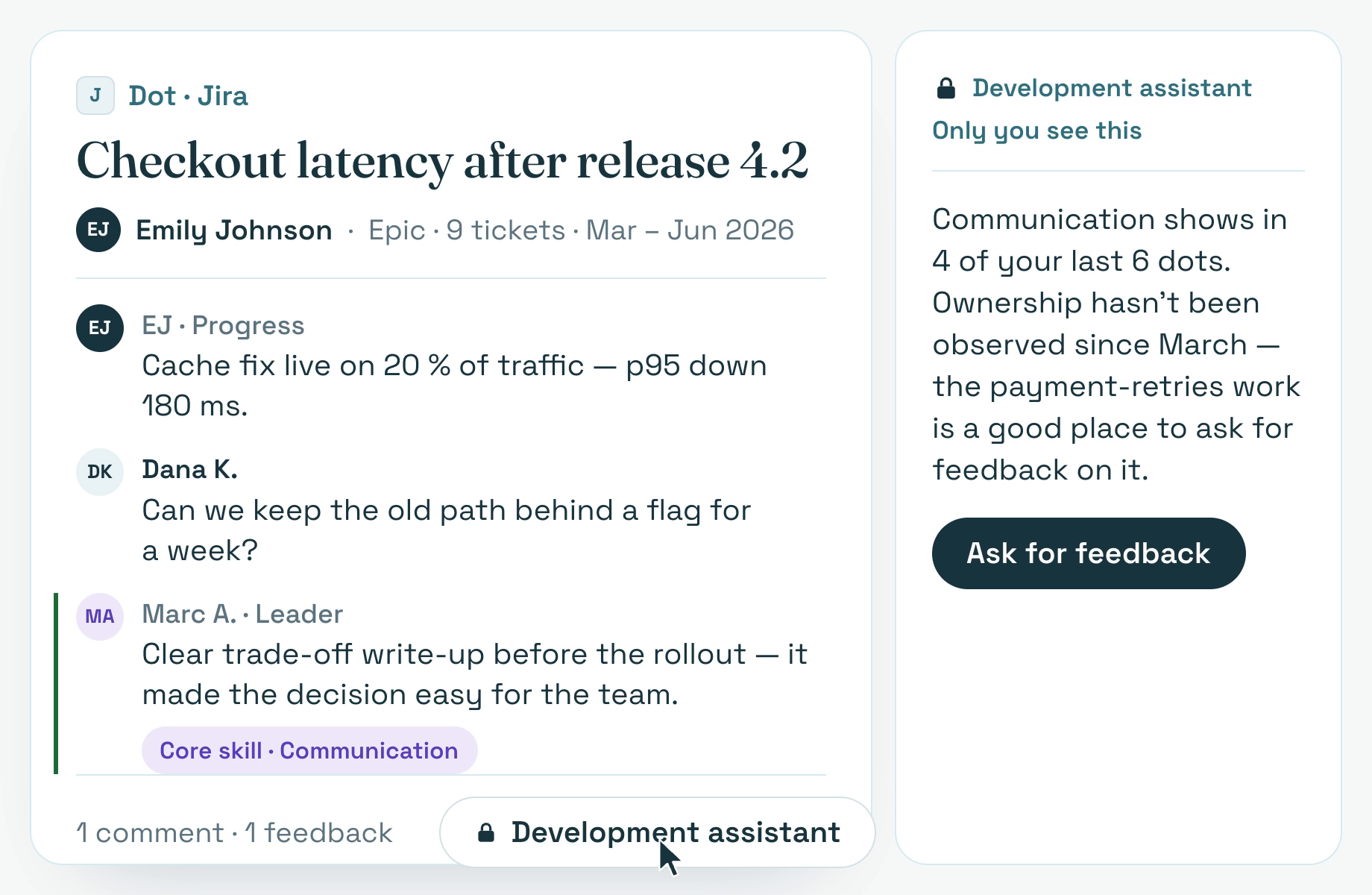 A dot from Jira gathering a progress note, a comment and leader feedback tagged to a core skill; the private development assistant suggests a next step